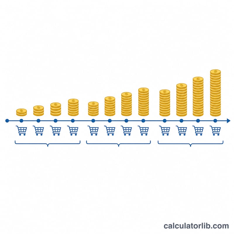 Timeline of repeat purchases over a customer's lifespan with accumulating value