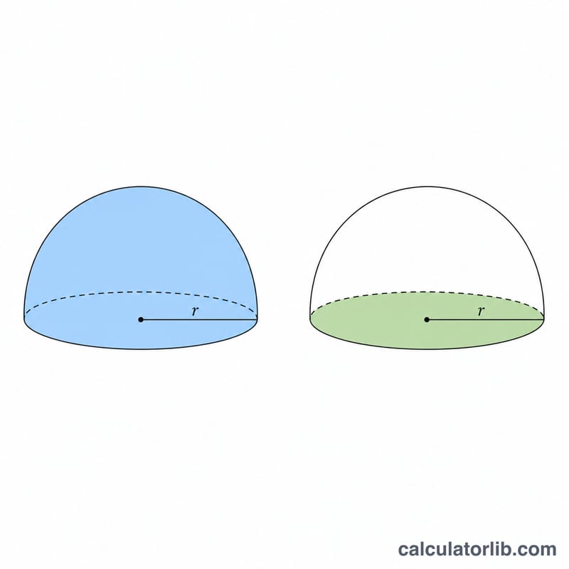 Diagram showing the three surfaces of a hemisphere: curved surface, flat circular base, and total