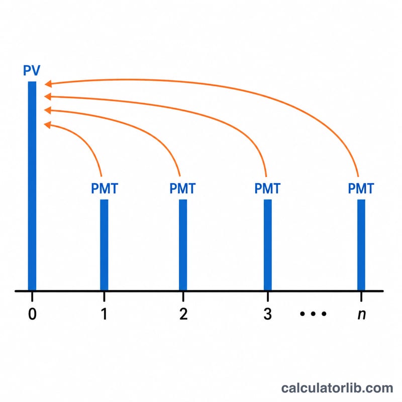Diagram showing present value as the discounted sum of a series of equal future payments