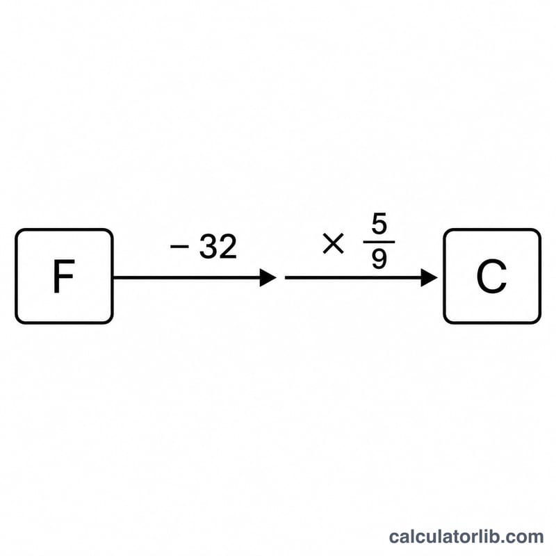 Flow diagram showing subtract 32 then multiply by 5/9 to convert Fahrenheit to Celsius