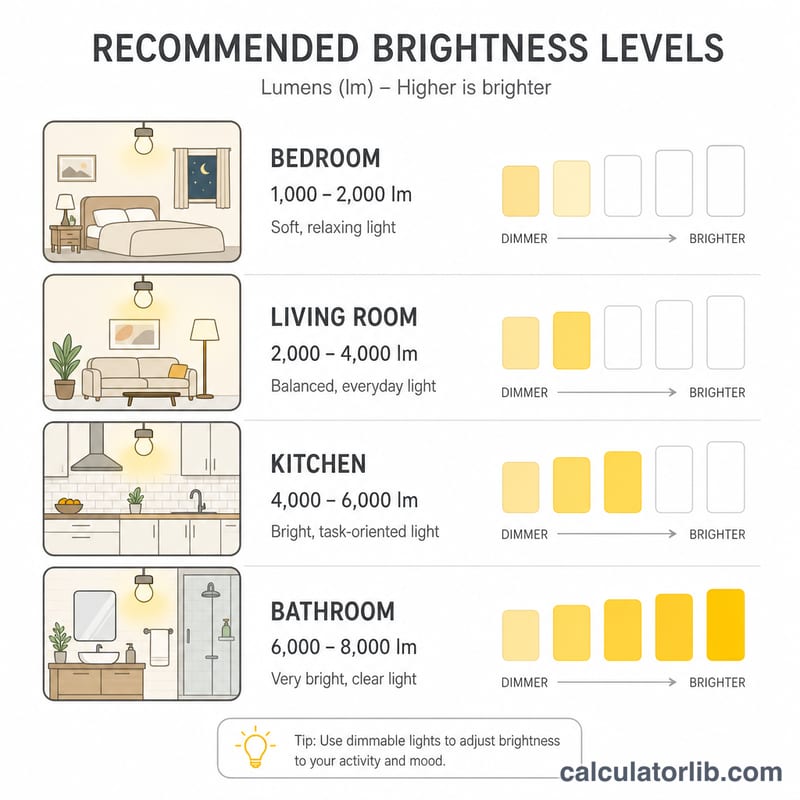 So sánh mức lux khuyến nghị giữa các loại phòng khác nhau