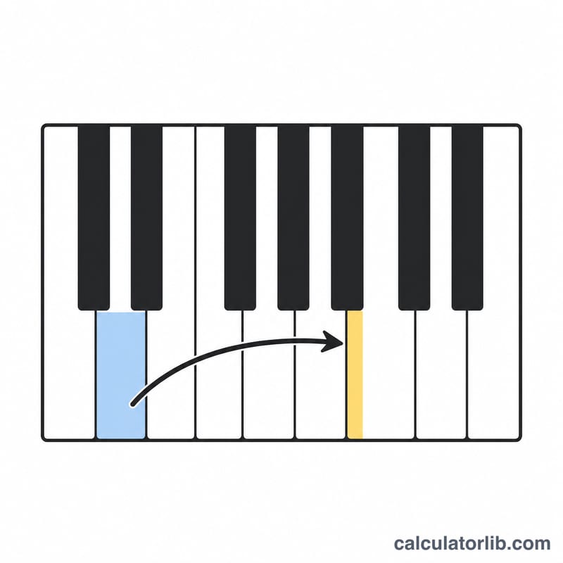Piano keyboard with an arrow from a starting key to a transposed key a few semitones higher