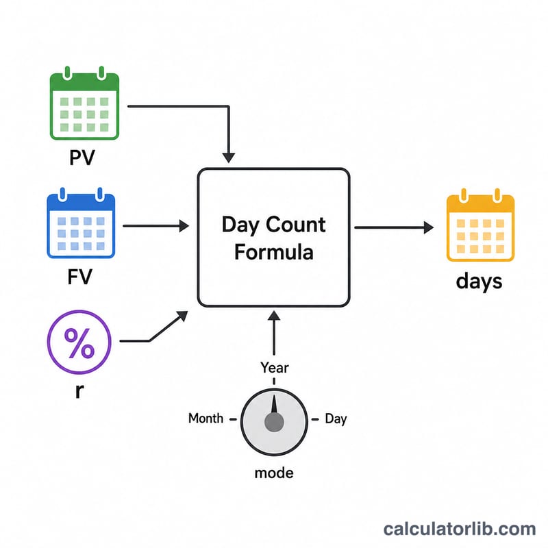 Inputs PV, FV, rate and mode combine to output number of days
