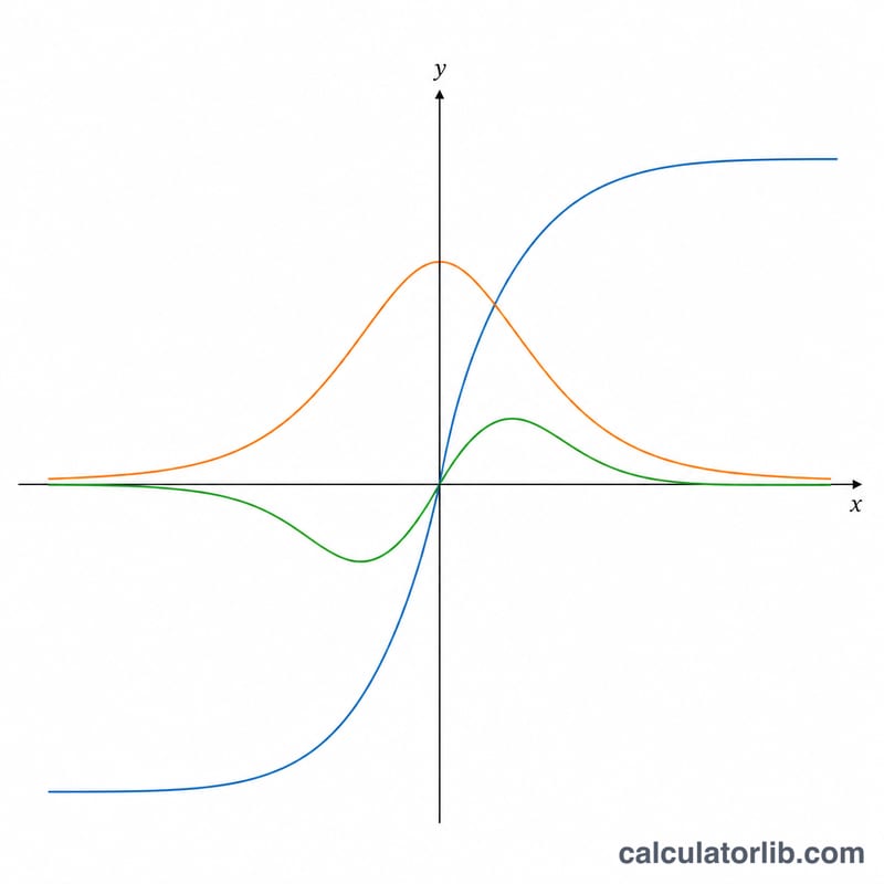 Three overlaid curves showing tanh and its first and second derivatives