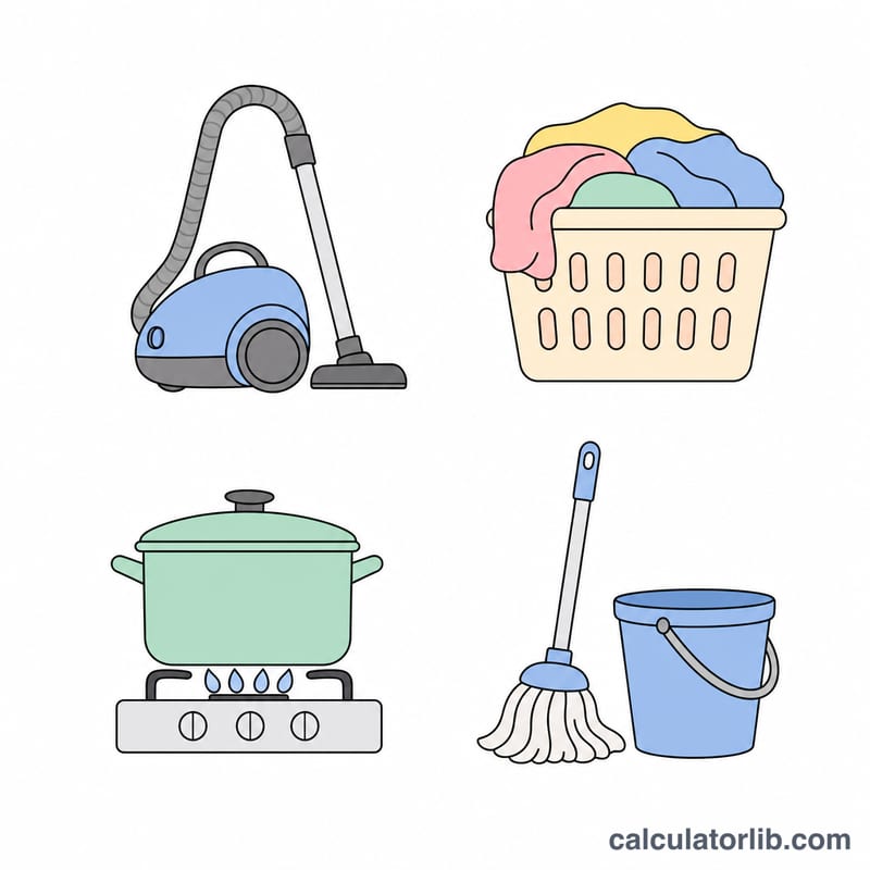 Biểu tượng phẳng về việc nhà thường gặp như hút bụi, giặt giũ, nấu ăn và lau nhà