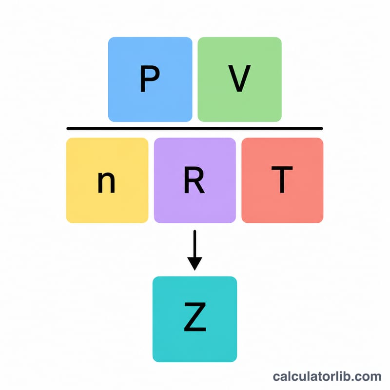 सूत्र Z बराबर P गुणा V बटा n R T, लेबल किए गए भिन्न आरेख के रूप में दिखाया गया