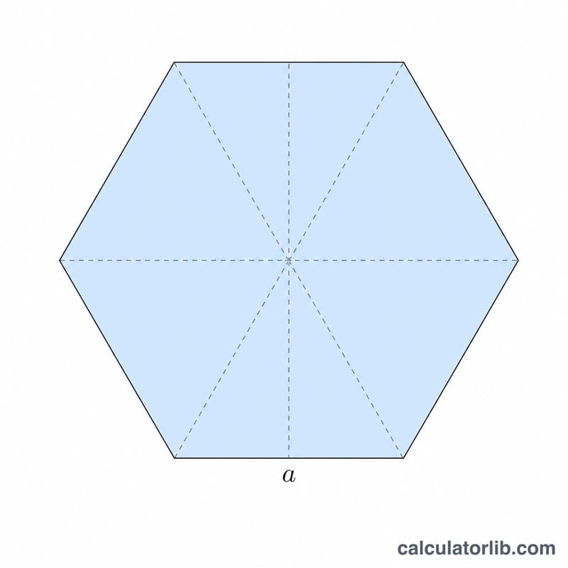 Flat regular hexagon showing side a and area formula reference