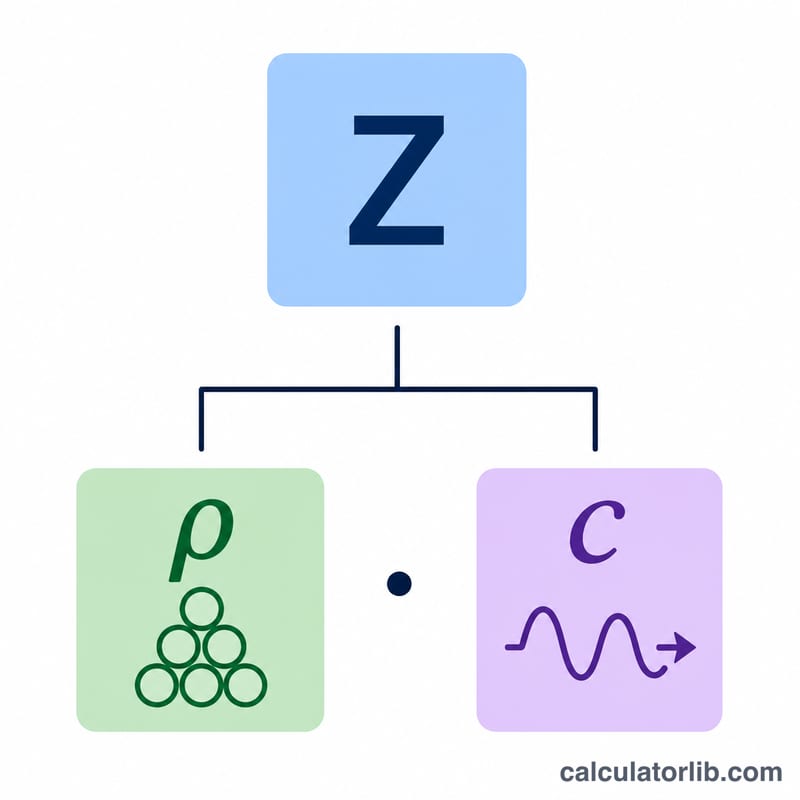 Formula breakdown of acoustic impedance Z equals density rho times speed of sound c