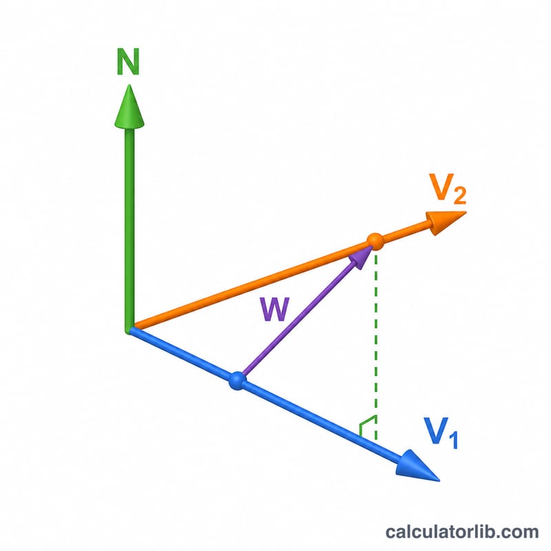 Vector diagram showing V1 cross V2 giving a normal vector and W projected onto it