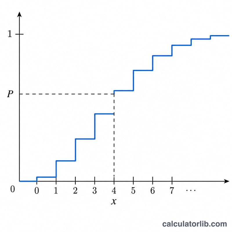 Poisson CDF staircase with horizontal line at P mapping down to integer percentile x