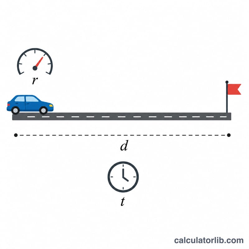 Car traveling along a road showing distance d, speed r, and time t