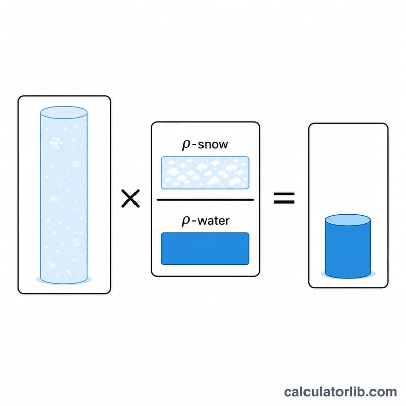 Formula breakdown showing snow depth times ratio of snow density to water density equals SWE