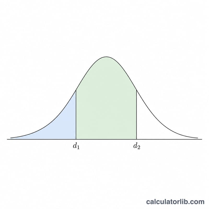 Standard normal bell curve with shaded cumulative areas N(d1) and N(d2)
