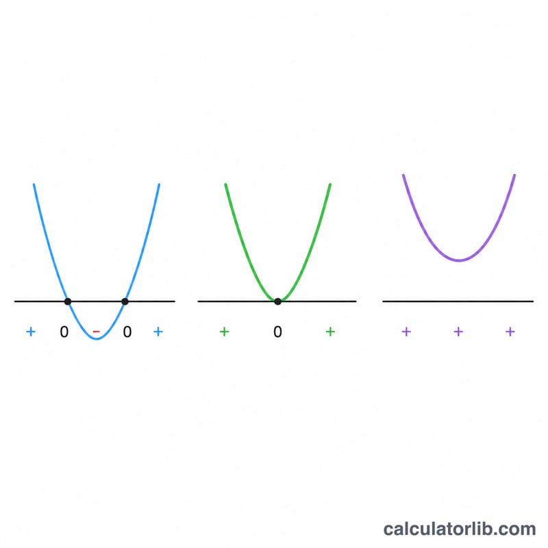 Three parabolas showing two real roots, one repeated root, and no real roots based on discriminant sign