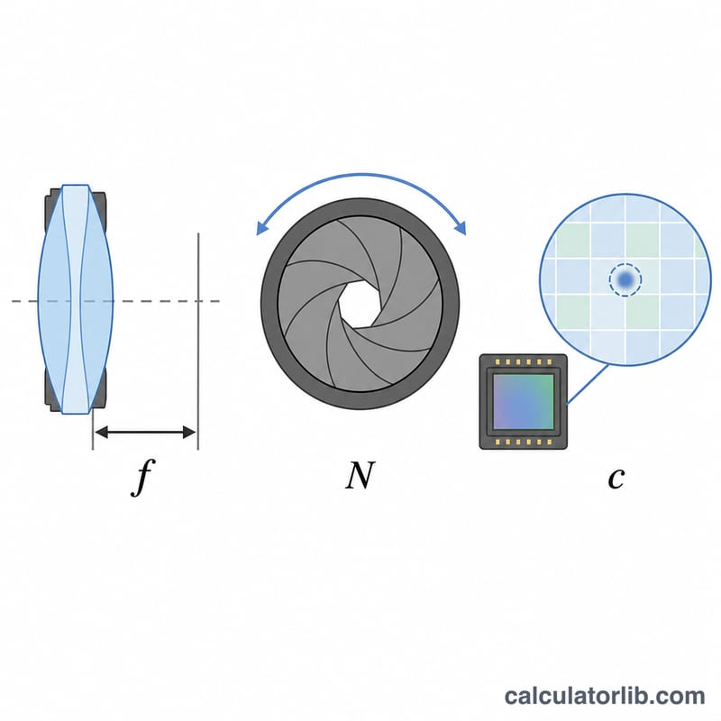 Labeled diagram of the hyperfocal distance formula variables: focal length, aperture, and circle of confusion