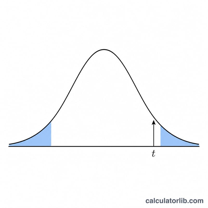 Bell-shaped t-distribution curve with shaded rejection tails and a marked t-statistic