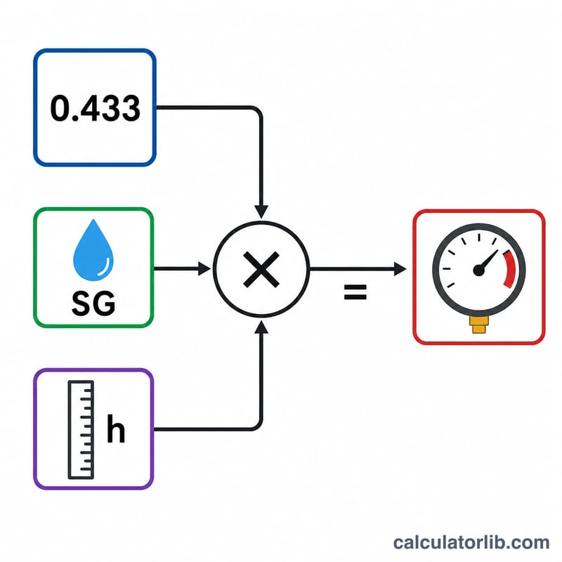 Formula breakdown diagram linking elevation, specific gravity, and the 0.433 constant to pressure in psi