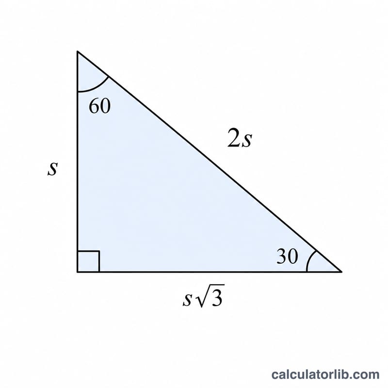 30-60-90 triangle showing short leg s with long leg and hypotenuse derived from it
