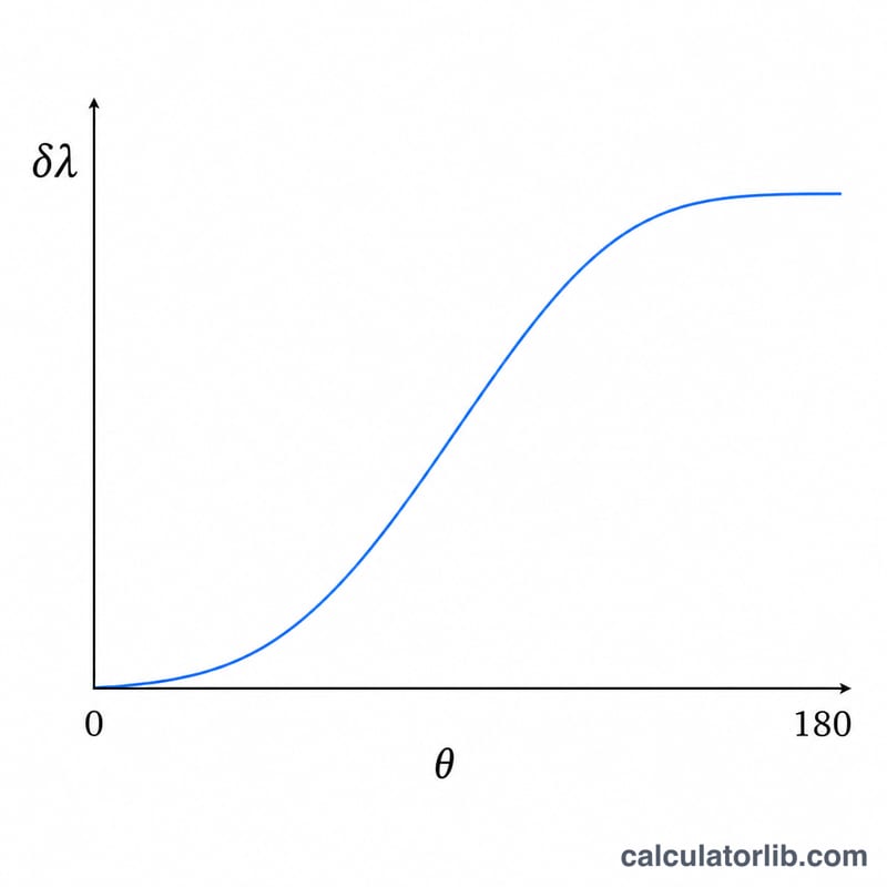 Graph of Compton wavelength shift versus scattering angle showing a curve rising from zero at 0 degrees to maximum at 180 degrees
