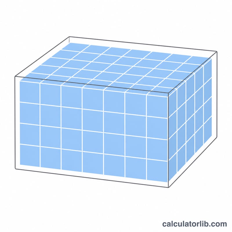Rectangular prism filled with unit cubes showing volume as length times width times height