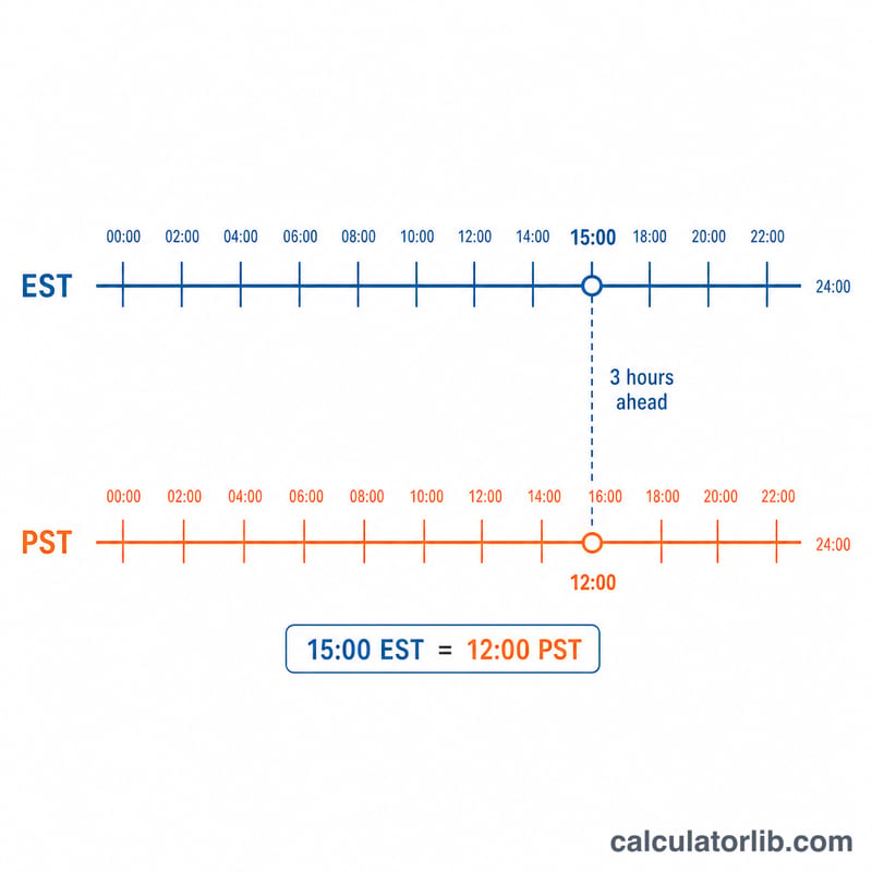 Parallel EST and PST timelines offset by three hours