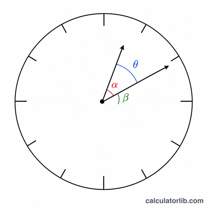 Diagram of hour hand and minute hand angles measured from 12 with the gap between them