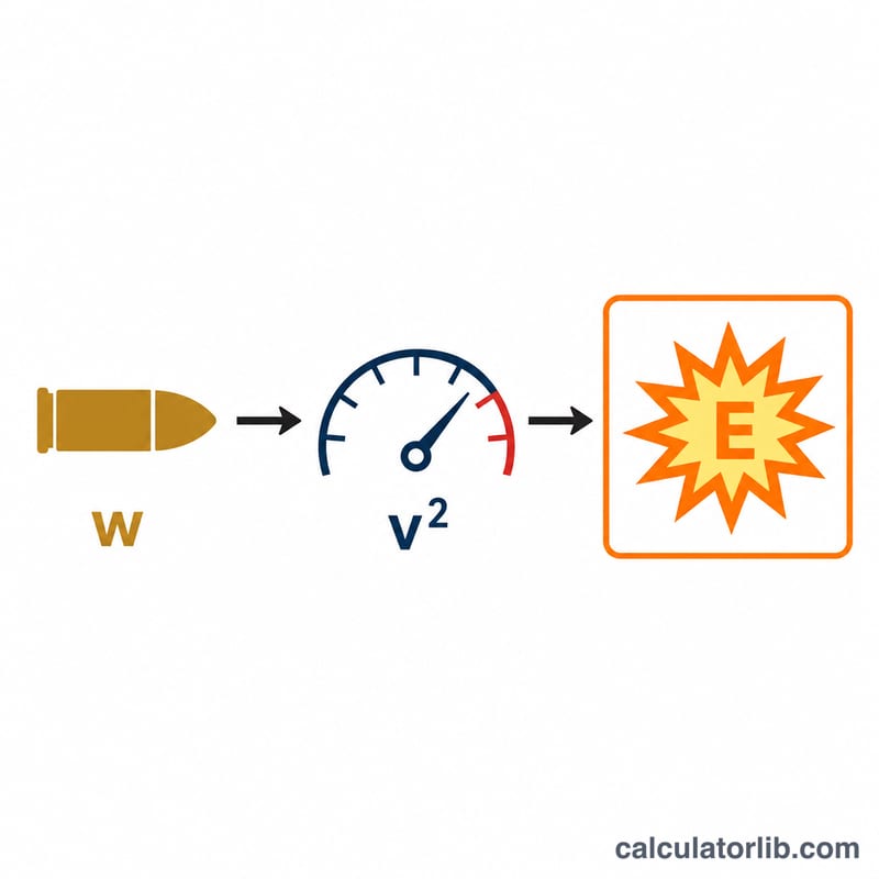 Flat diagram relating bullet weight and squared velocity to muzzle energy