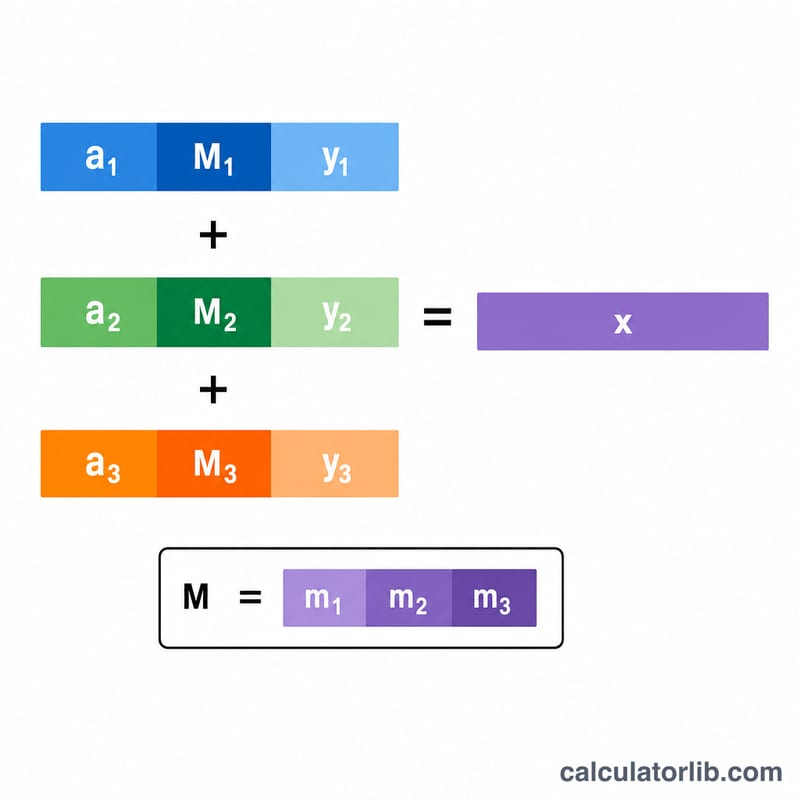 مخطط يفكك صيغة نظرية الباقي الصيني إلى مكونات M و M_i و y_i