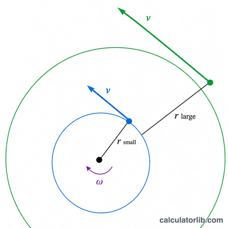 Formula relationship diagram showing v equals r times omega with the radius and angular velocity as inputs