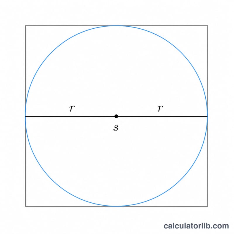 Diagram showing the inscribed circle diameter equals the square side, so radius is half the side