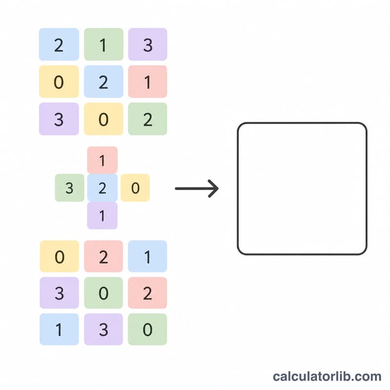 Grid of 21 small boxes each showing a value, with an arrow summing to a total