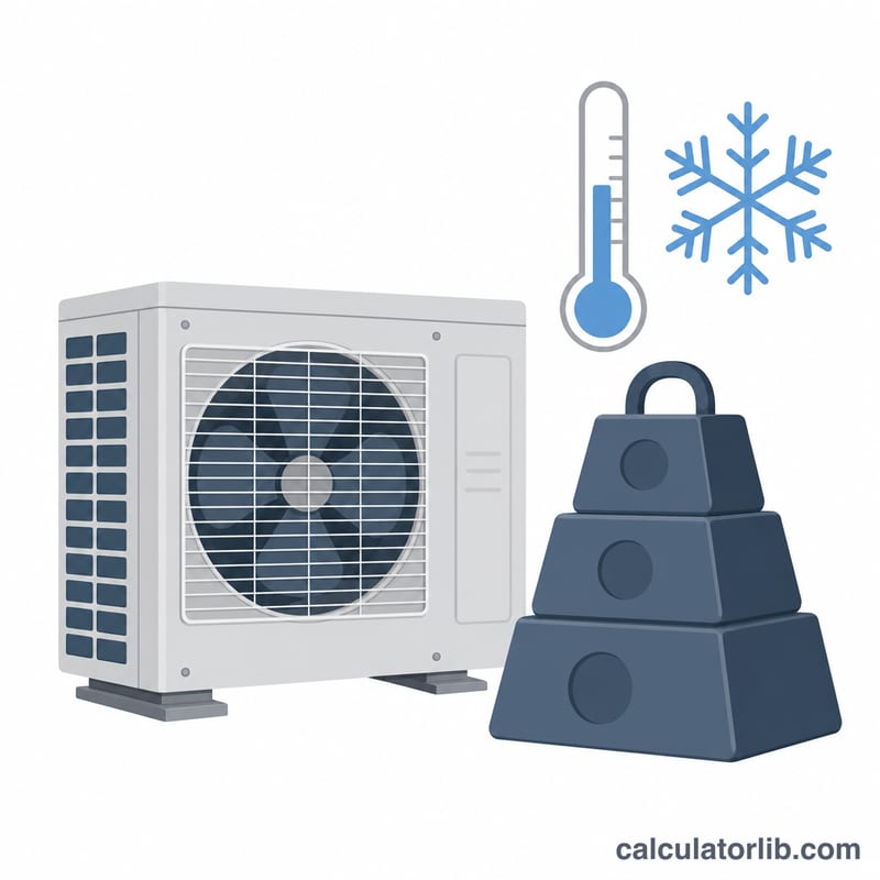 Unidad de aire acondicionado con bloques de peso y un copo de nieve que representan las toneladas de refrigeración