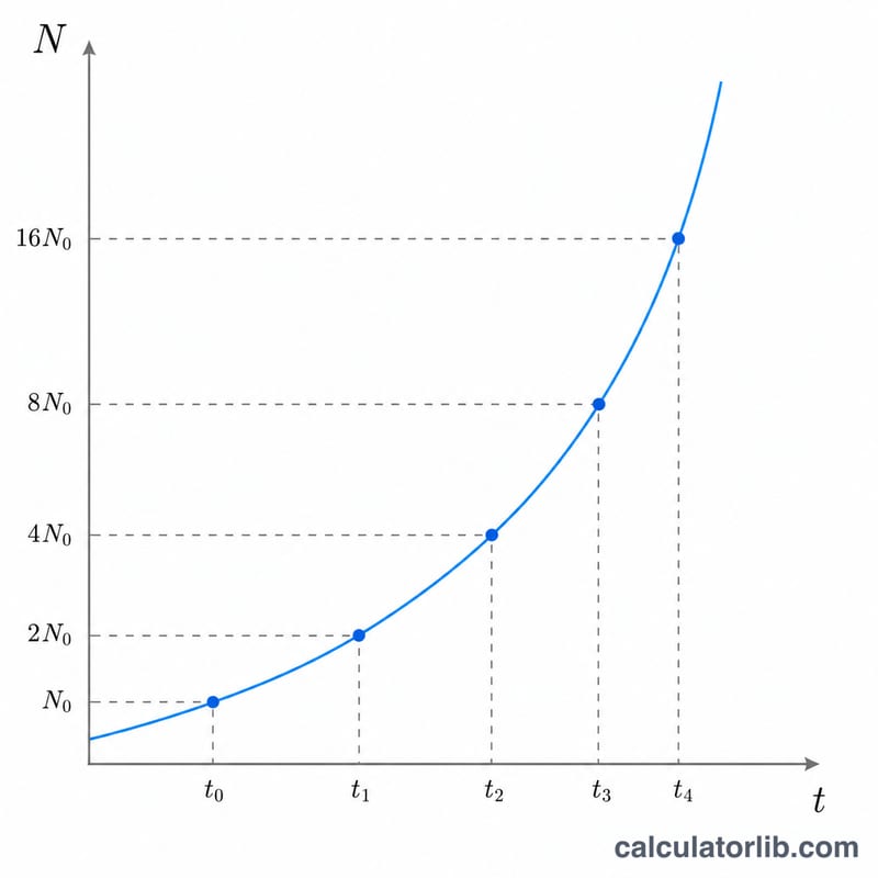 Exponential growth curve of cell count over time with doubling intervals marked