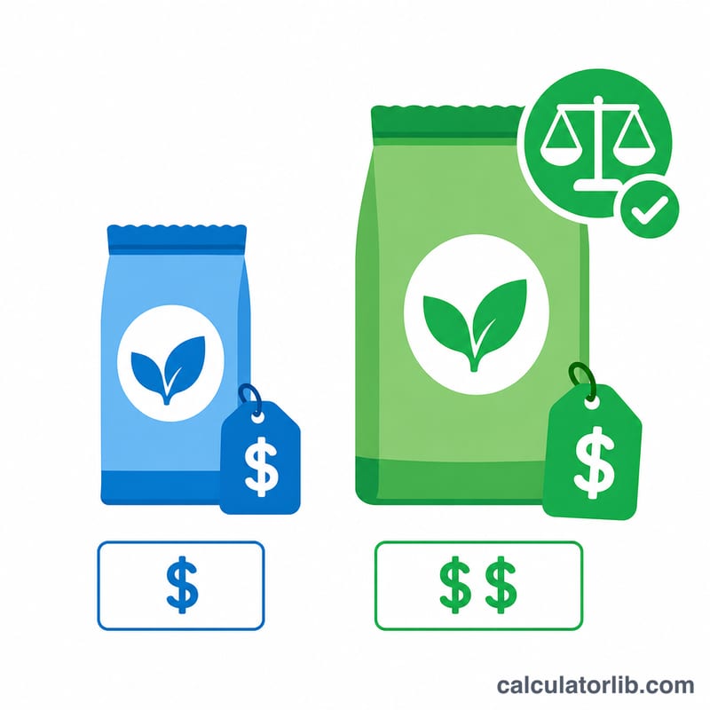 Two product packages of different sizes compared by unit price