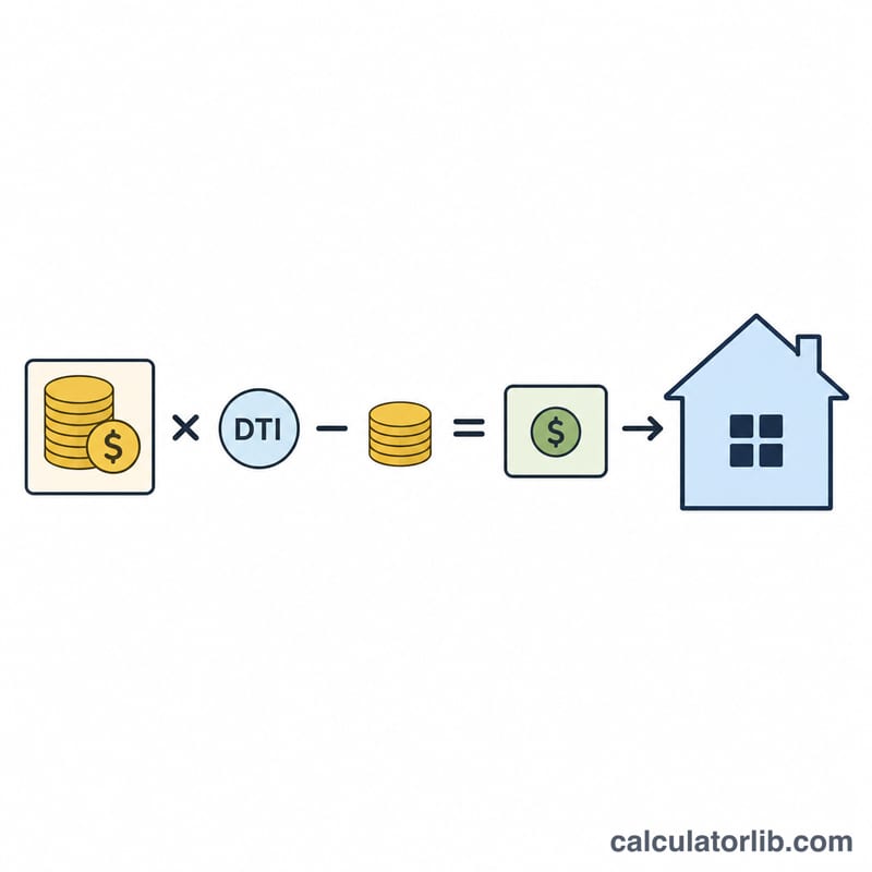Diagram showing income times DTI minus existing debts giving available payment, converted to a max loan amount