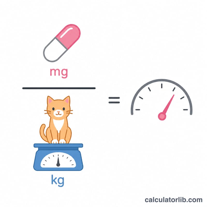 Diagrama plano que muestra los miligramos ingeridos divididos por el peso del gato igual a la dosis por kilogramo