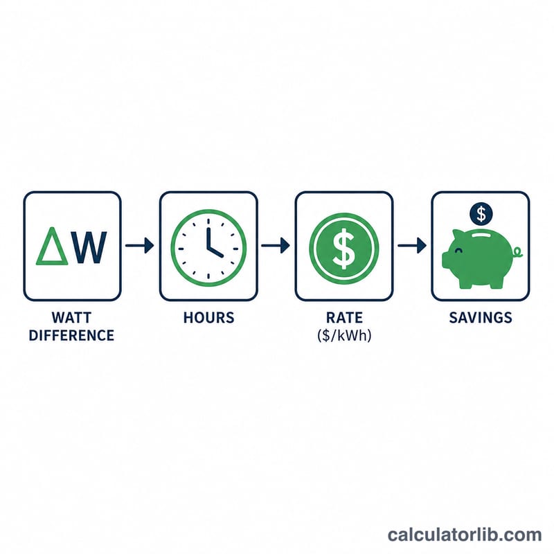 Flow from wattage difference times hours times rate equals savings