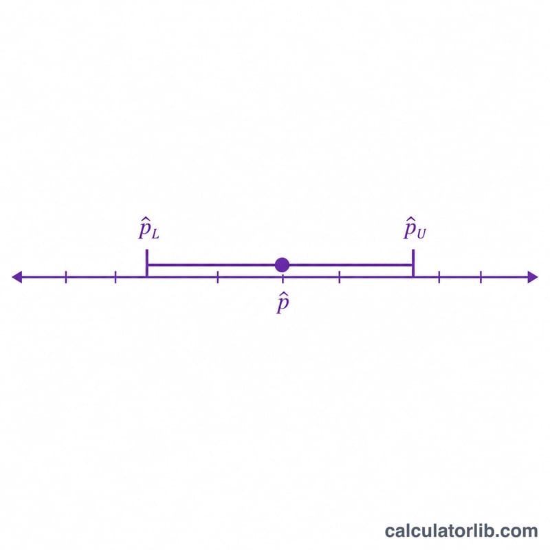 Horizontal number line showing a sample audience share point with a confidence interval bracket extending left and right by the margin of error