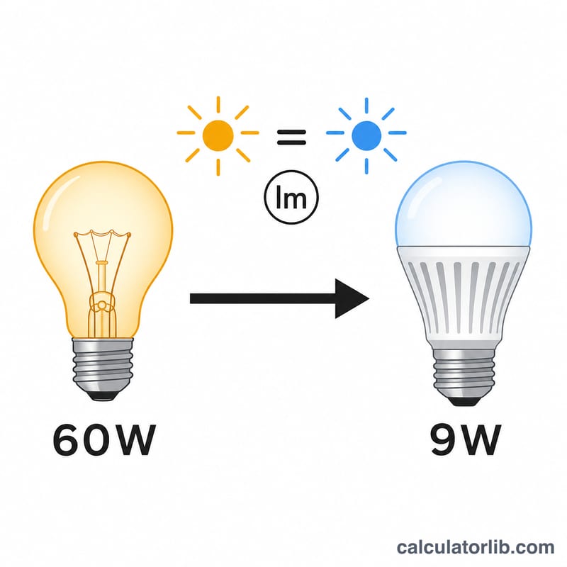 Mũi tên chuyển đổi từ bóng đèn sợi đốt 60 watt sang đèn LED 9 watt với độ sáng tương đương
