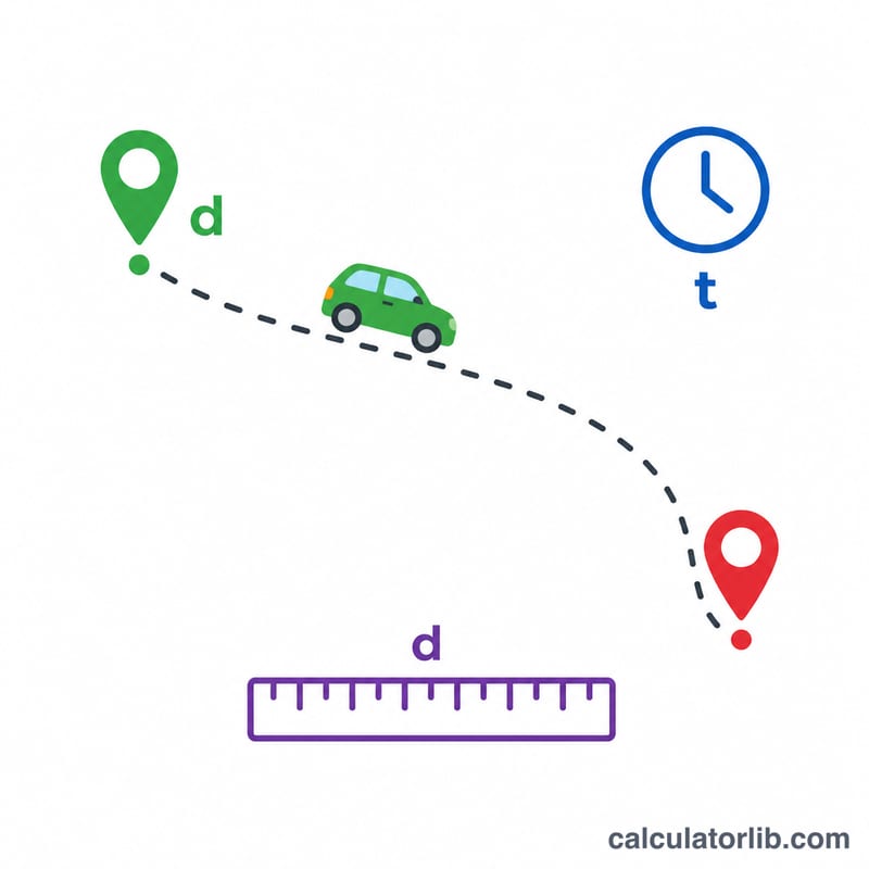 Flat illustration of a car trip with distance and time markers
