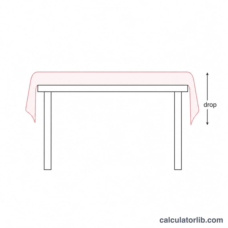 Side cross-section view of a rectangular table with a tablecloth draping over one edge, showing the vertical drop length