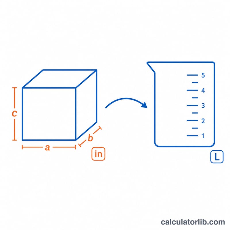 Labeled cube edges with arrow to a graduated liter measuring container