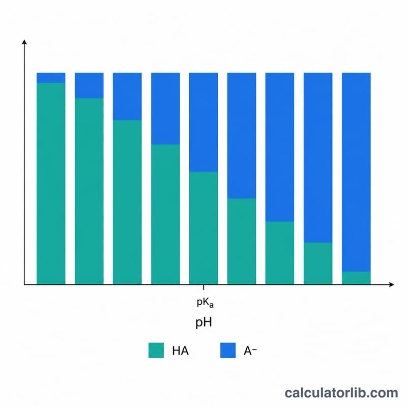 Bar chart showing how the ratio of conjugate base to weak acid increases as target pH rises above pKa