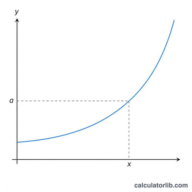 Exponential curve with dashed lines showing the x value where b^x equals a