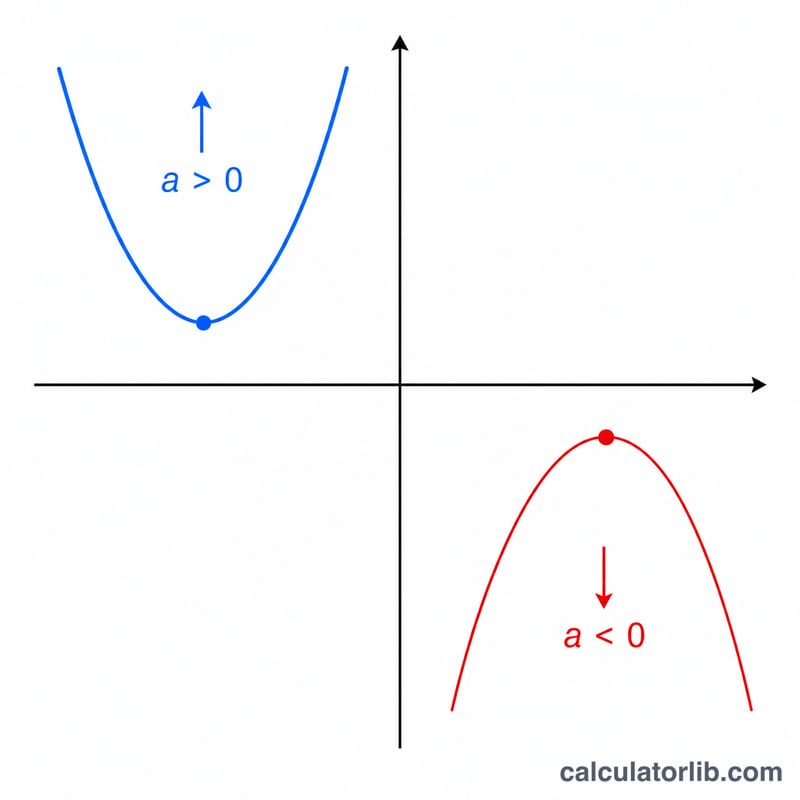 Two parabolas, one opening upward for positive a and one downward for negative a