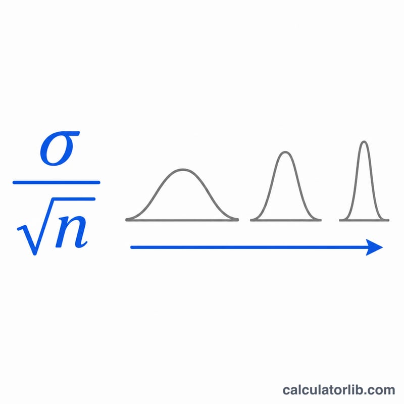 Standard error formula shown as sigma over square root of n with arrows indicating it shrinks as n grows