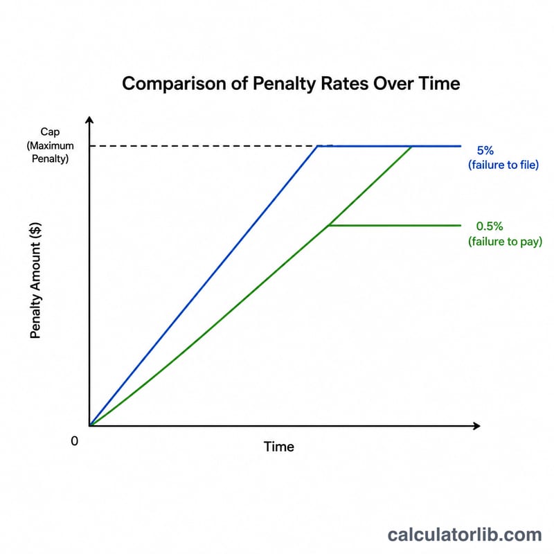 Two rising lines comparing failure-to-file and failure-to-pay penalty rates with a maximum cap