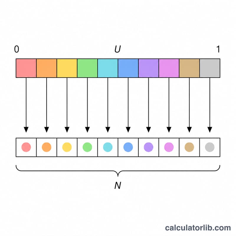 Diagram mapping a continuous unit interval U from 0 to 1 into N equal segments, each pointing to one integer outcome