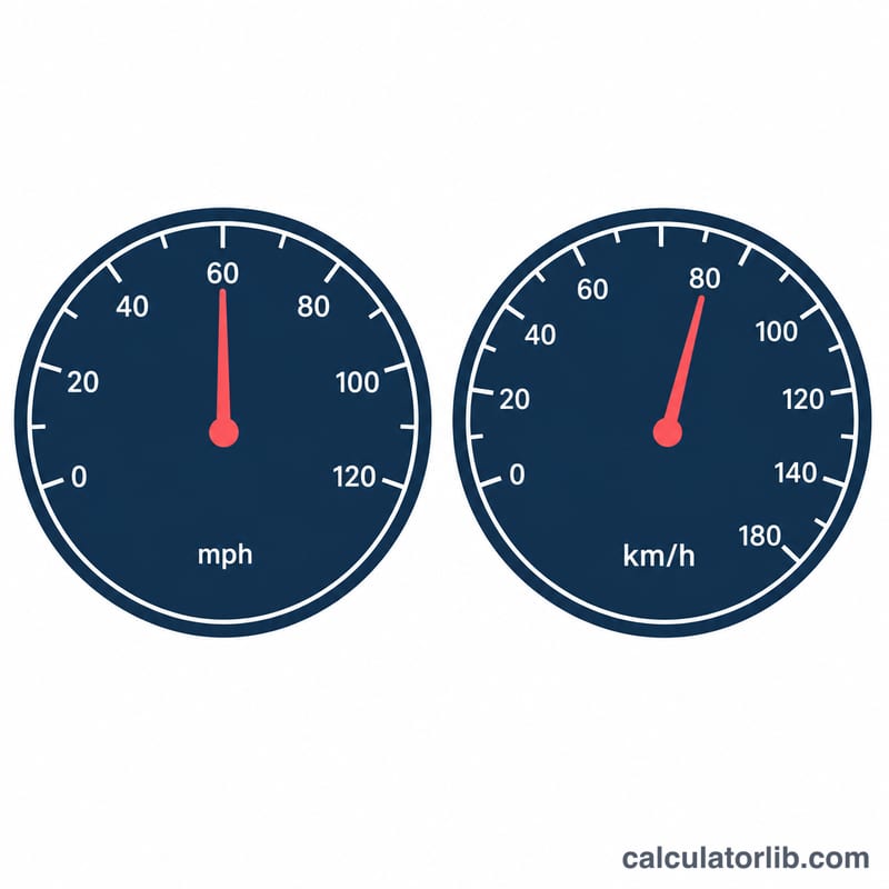 Two speedometers showing 60 mph equals about 96.6 km/h