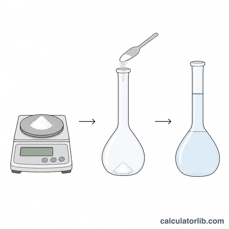 Flat illustration of weighing solute on a balance and dissolving it into a volumetric flask